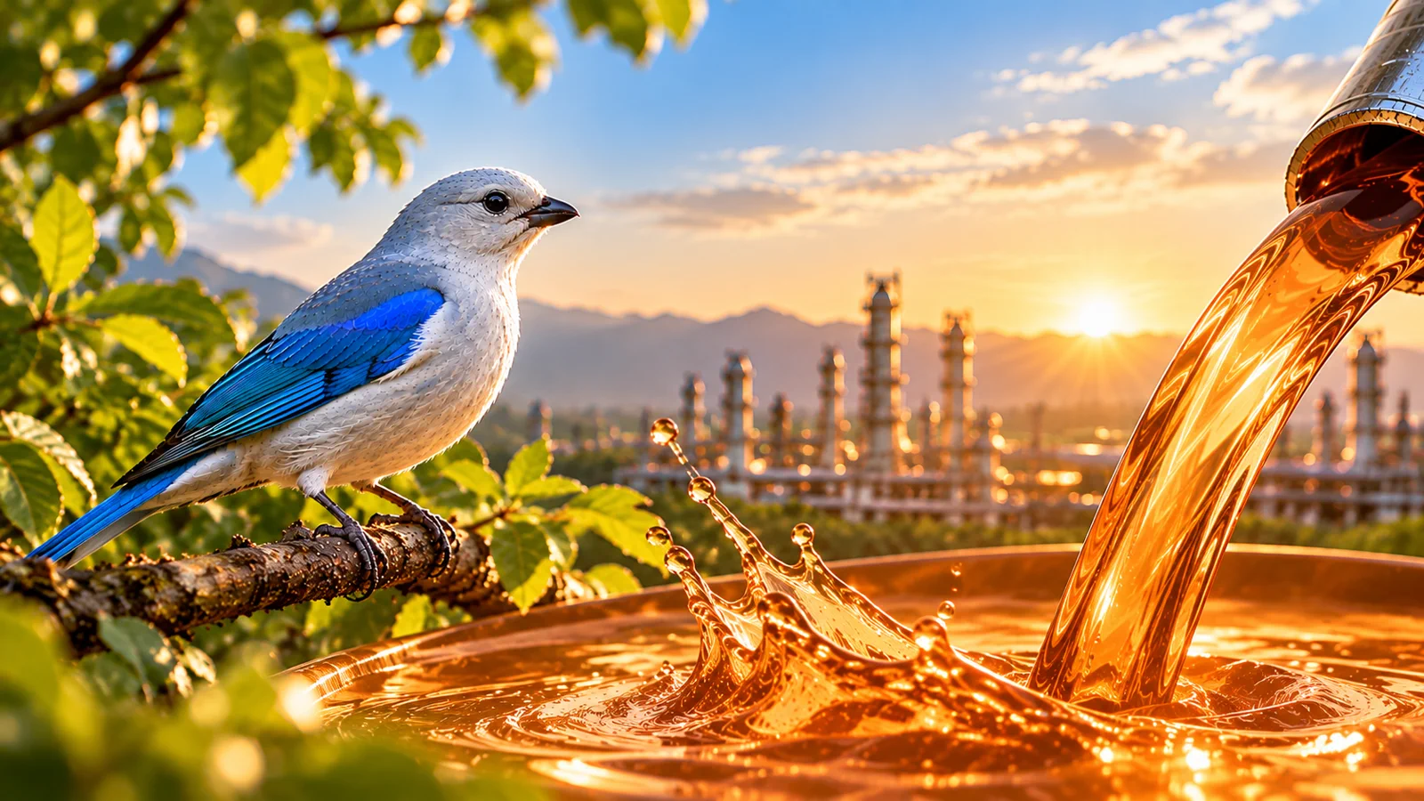 Azulejo posado en una rama junto a un chorro de Petroil 40 A MAX, con una refinería al atardecer al fondo