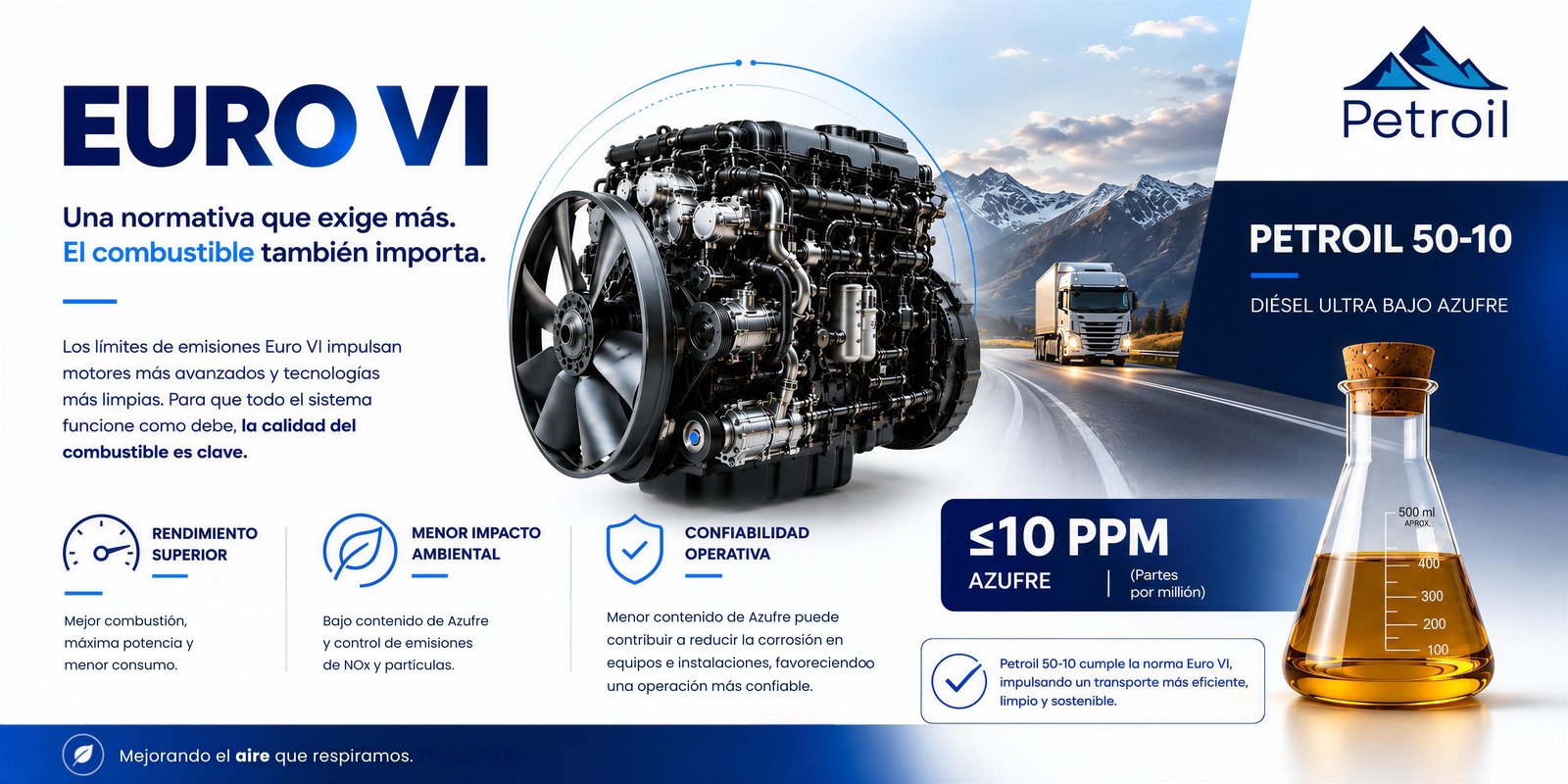 Infografía: bajo contenido de azufre y control de emisiones de NOx y partículas — Petroil 50-10